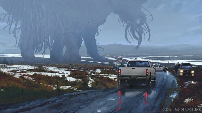 Giant Tentacled Creature and Police Cars