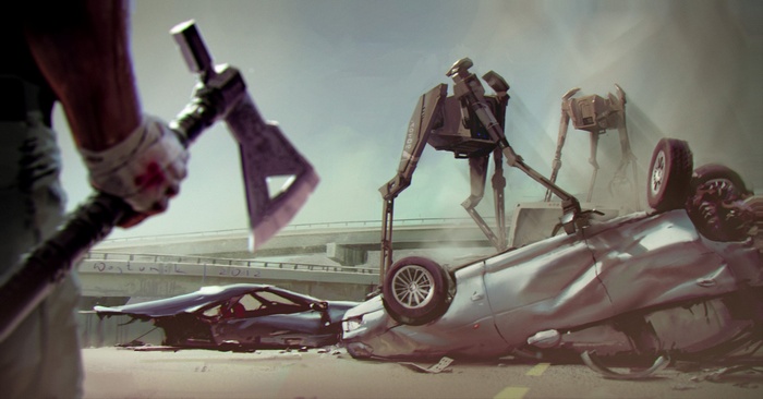 Hunter with axe and robots in a car crash