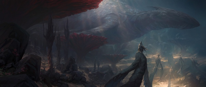 Alien landscape with giant creatures and figures