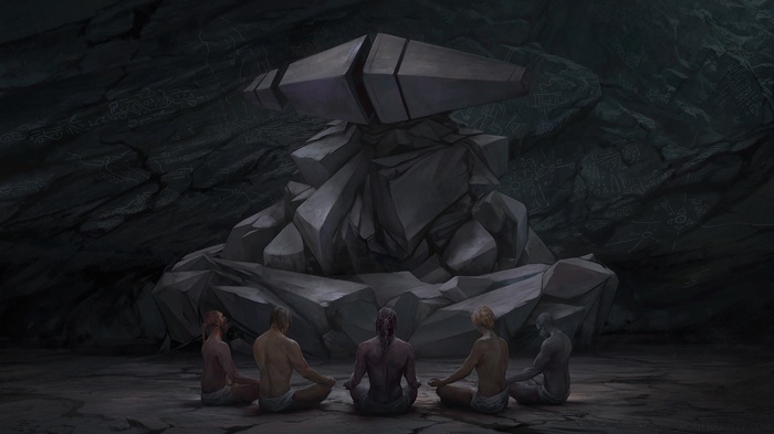 People meditating in a cave with ancient carvings