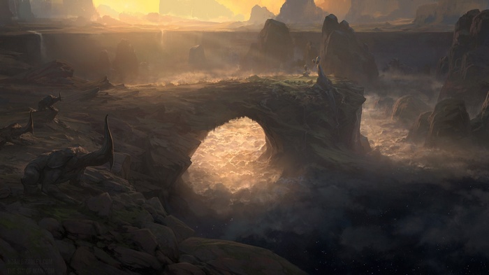 Alien landscape with rock arch and sunset