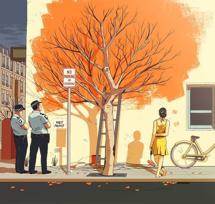 Police officers watch a woman paint a wall with a tree