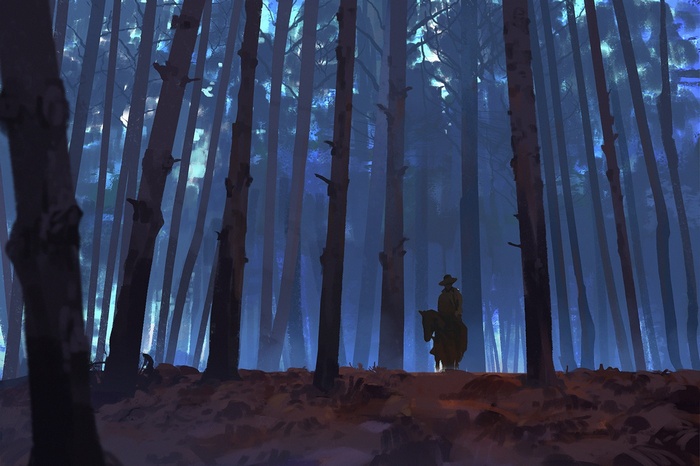 Cowboy on horseback in a dark forest