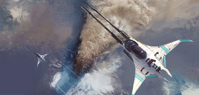 Science fiction artwork of spaceships in flight