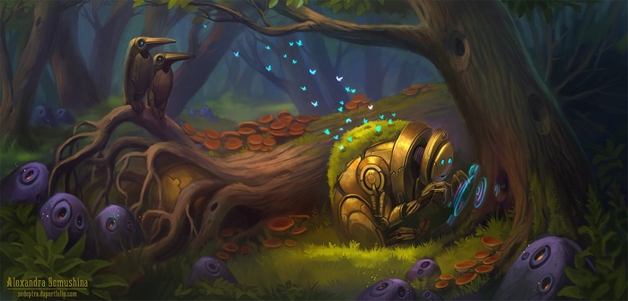 Robot in a magical forest with strange creatures
