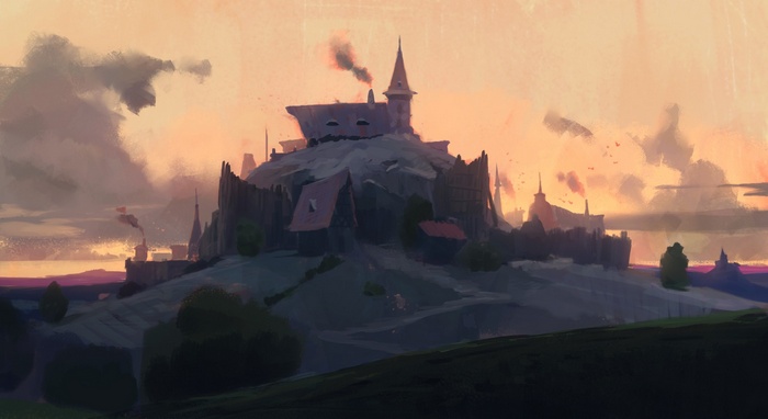 Fantasy castle on a hill at sunset