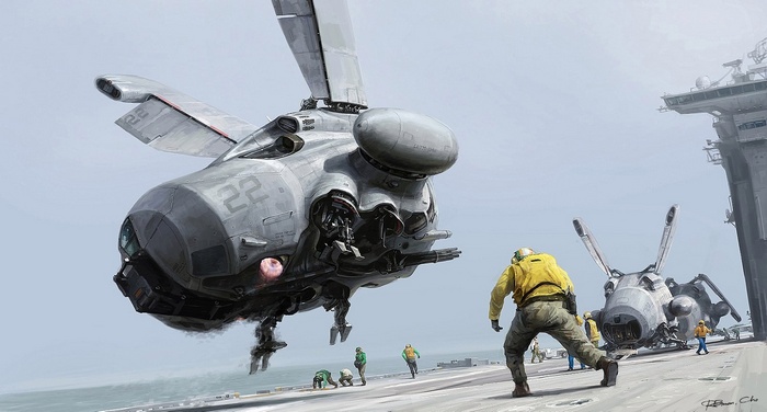 Science fiction aircraft on an aircraft carrier deck