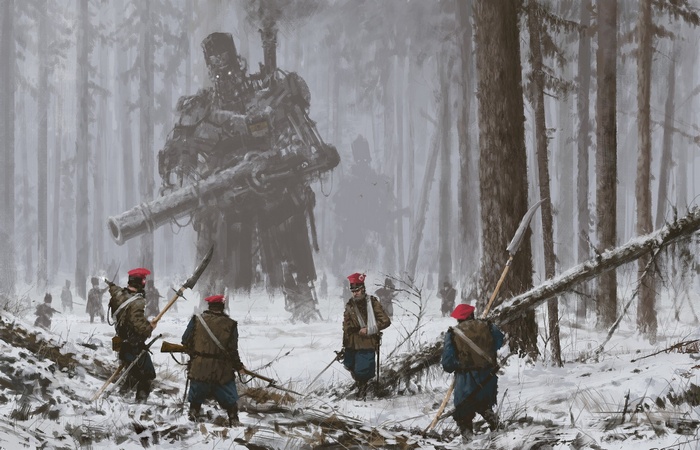 Giant steampunk robot in a snowy forest with soldiers