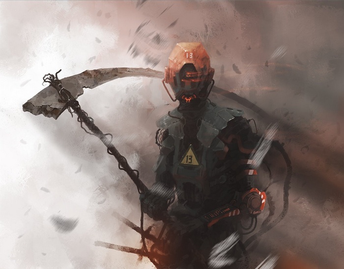 A grim reaper-like figure with a scythe