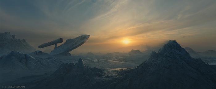 Star Trek Enterprise crashed on an alien planet at sunset