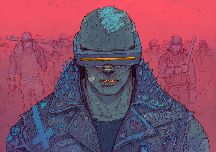 Cyberpunk mutant with spiked jacket and goggles