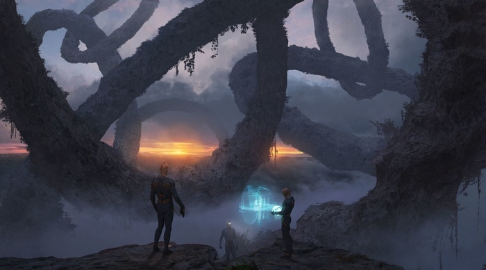 Science fiction artwork of figures interacting with a holographic display near a sunset.