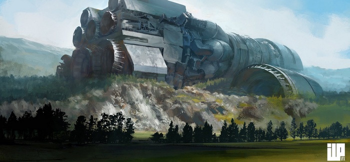 Artwork of a crashed spaceship in a forest