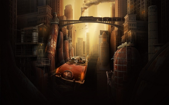 Futuristic city with a classic car and steam train