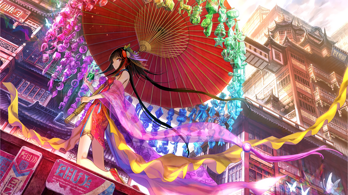 Anime Girl with Umbrella in Oriental City
