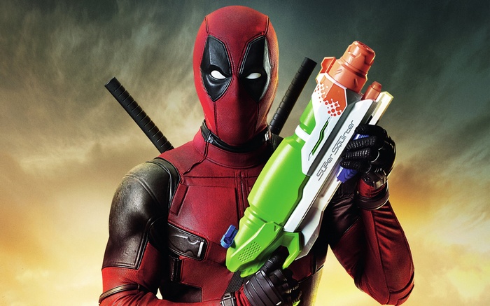 Deadpool holding a Super Soaker water gun