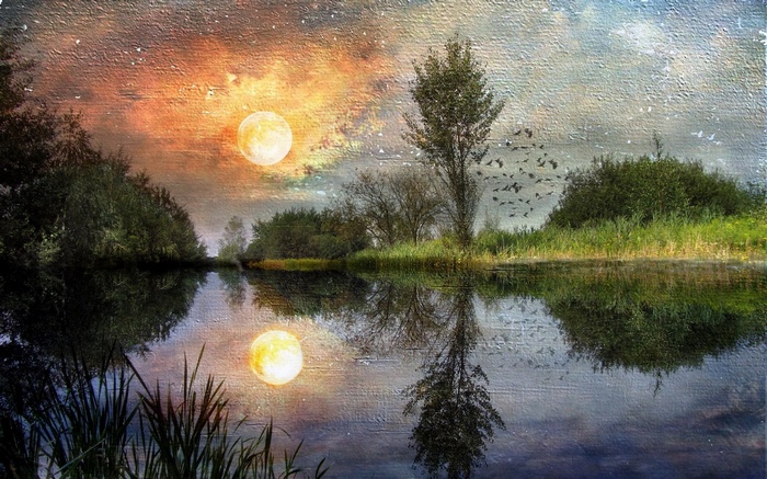 Painting of a surreal landscape with a lake and moon