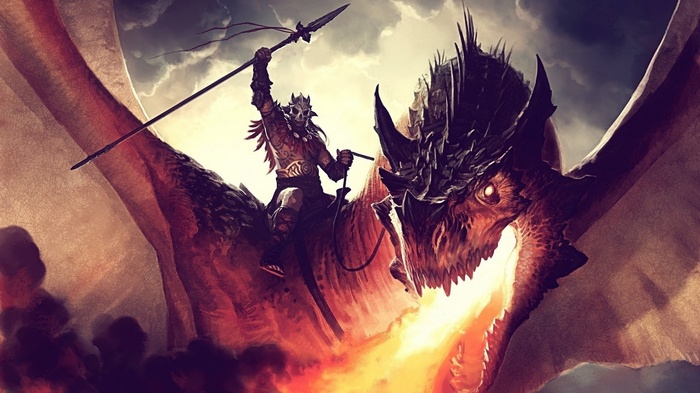 Warrior riding a dragon breathing fire