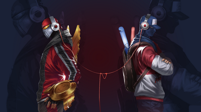 Zed and Shen from League of Legends sharing headphones