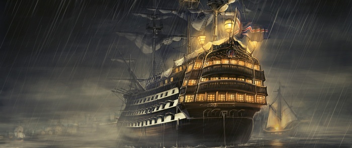 A sailing ship in a storm