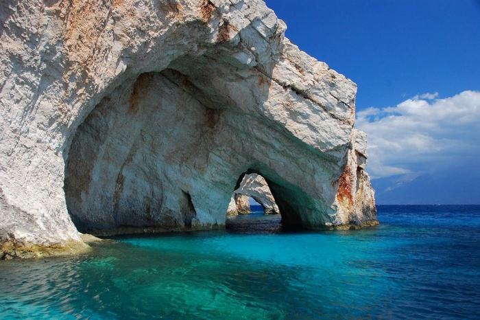 Sea caves with turquoise water in Greece