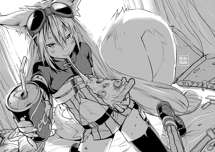 Fox girl eating pizza and drinking soda
