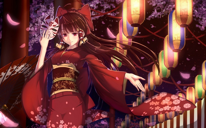 Hakurei Reimu in a Red Kimono with a Mask