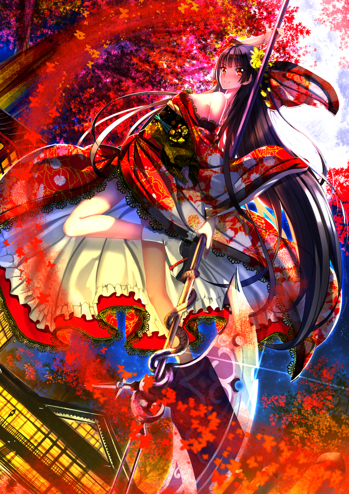Rory Mercury with a polearm in a red forest