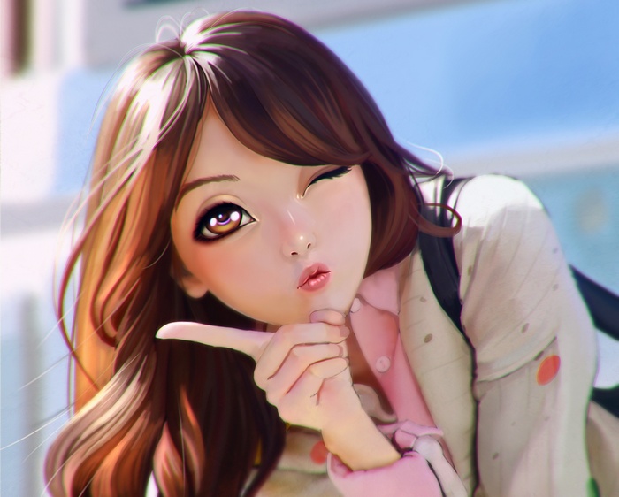 Anime girl winking and blowing a kiss