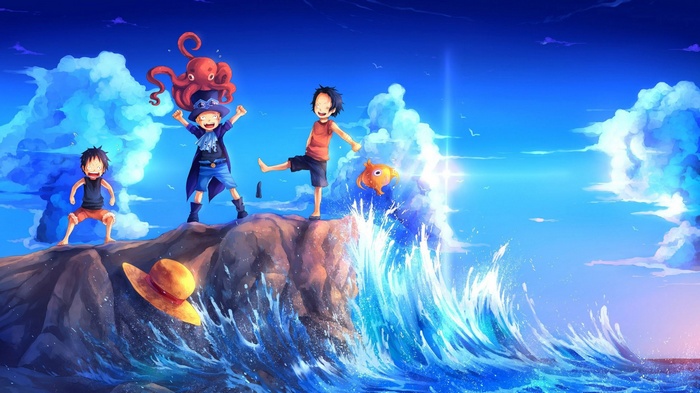 sea, Monkey D. Luffy, strawhat pirates, One Piece, sky, Portgas D. Ace, clouds, straw hat, smiling, children
