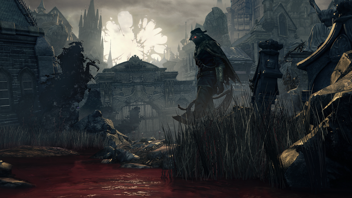 Bloodborne character in a gothic city with red water