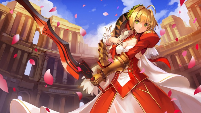 Saber Extra with a sword in front of a coliseum