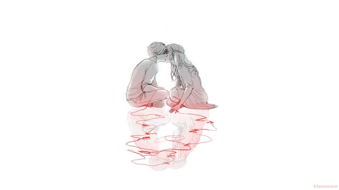 Couple kissing with red string reflection