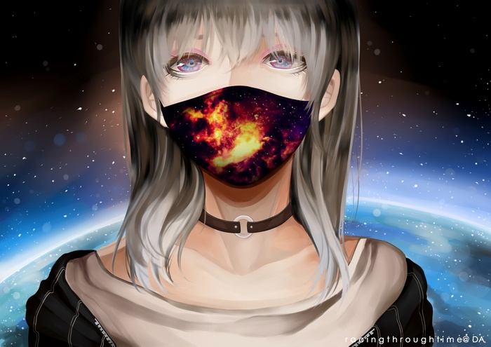 Anime girl with galaxy mask in space with Earth