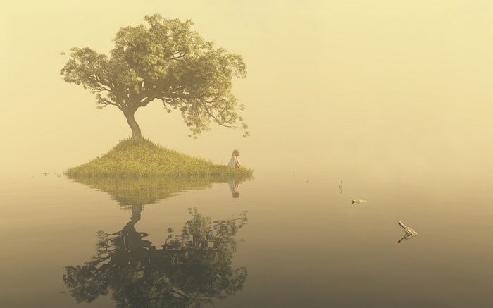 A girl sits on a small island with a tree