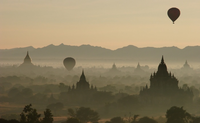 Hot air balloons over temples in Bagan, Myanmar