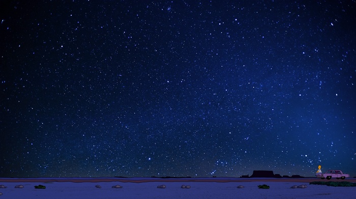 Homer Simpson stands by a car under a starry desert night sky