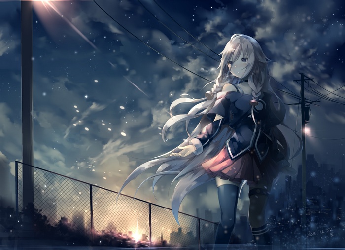 IA Vocaloid anime girl in snowy night city