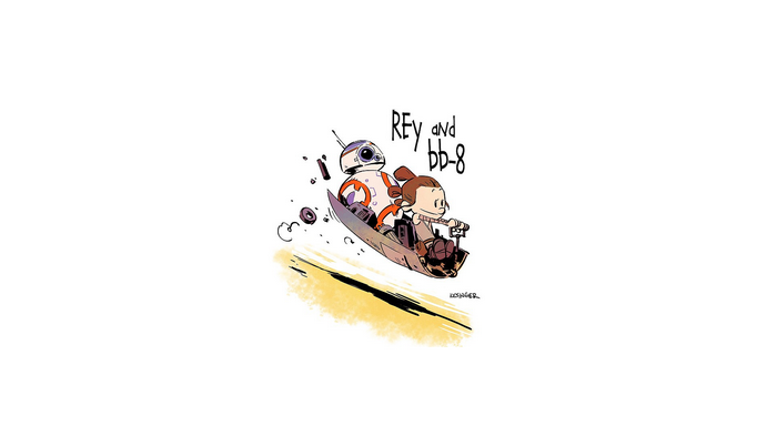 Rey and BB-8 riding a hoverboard
