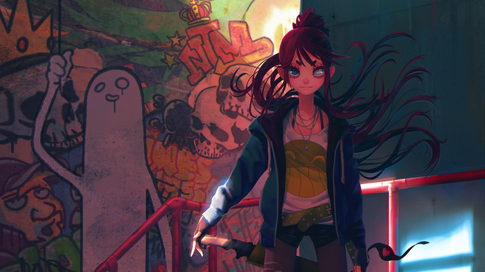 Redhead girl with sword and graffiti