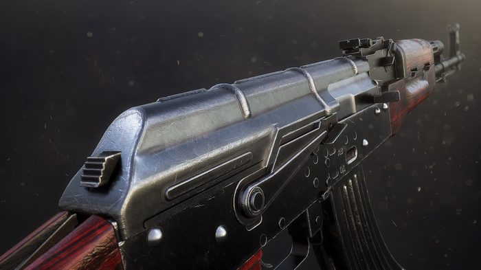Close-up of a detailed AKM rifle