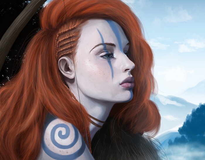 Redheaded woman with blue face paint and a spiral tattoo