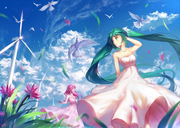 Hatsune Miku and Megurine Luka in a field with wind turbines