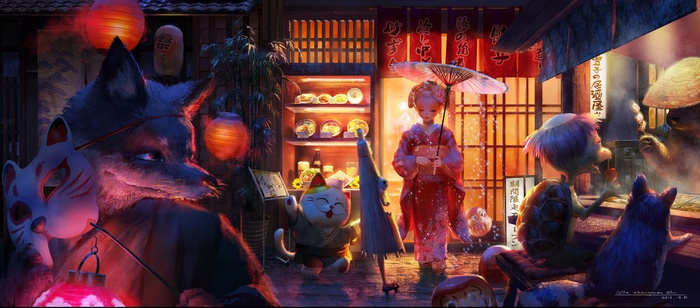 Fox, girl, and animals in a Japanese night market