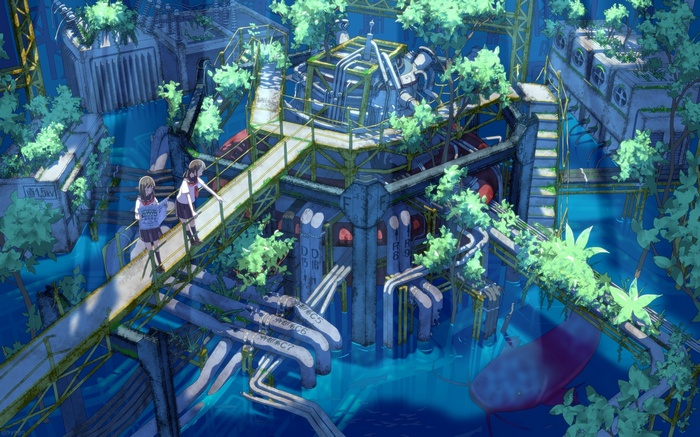 Two schoolgirls in an overgrown industrial complex with water