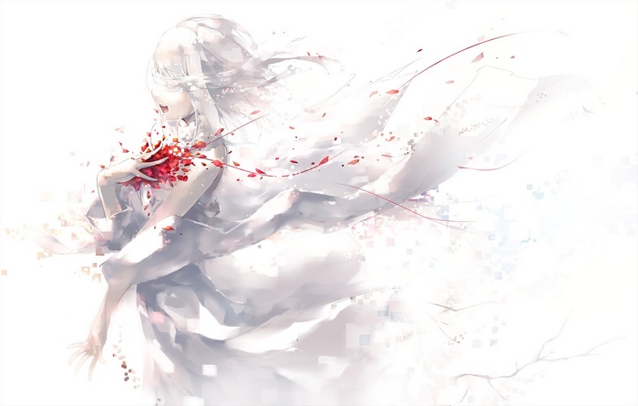 Girl with white hair and red petals
