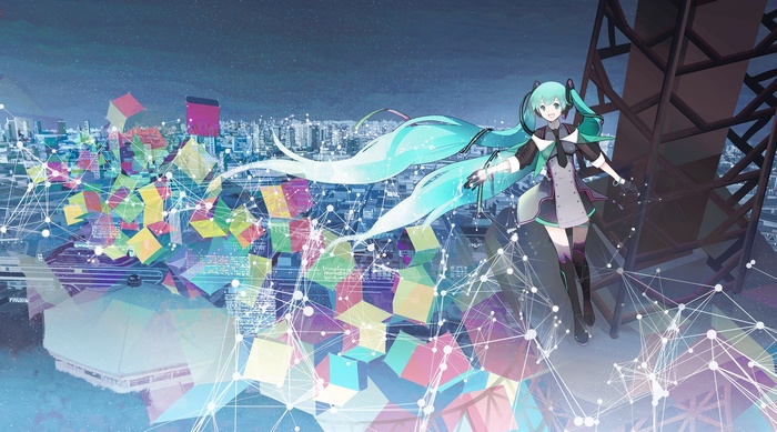 Hatsune Miku in a futuristic cityscape with geometric shapes