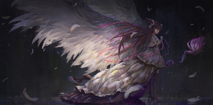 Kaname Madoka with large white wings and staff