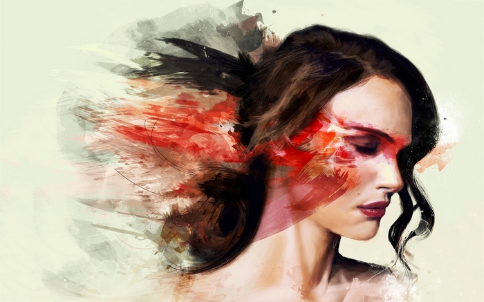 Abstract painting of Natalie Portman with red and black brushstrokes