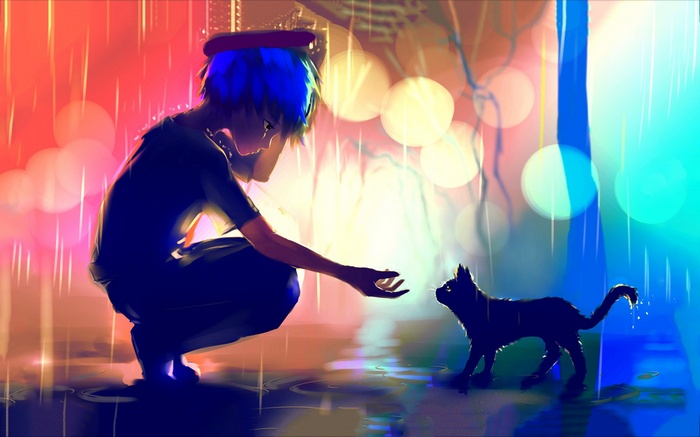 Anime character with blue hair interacting with a cat in the rain